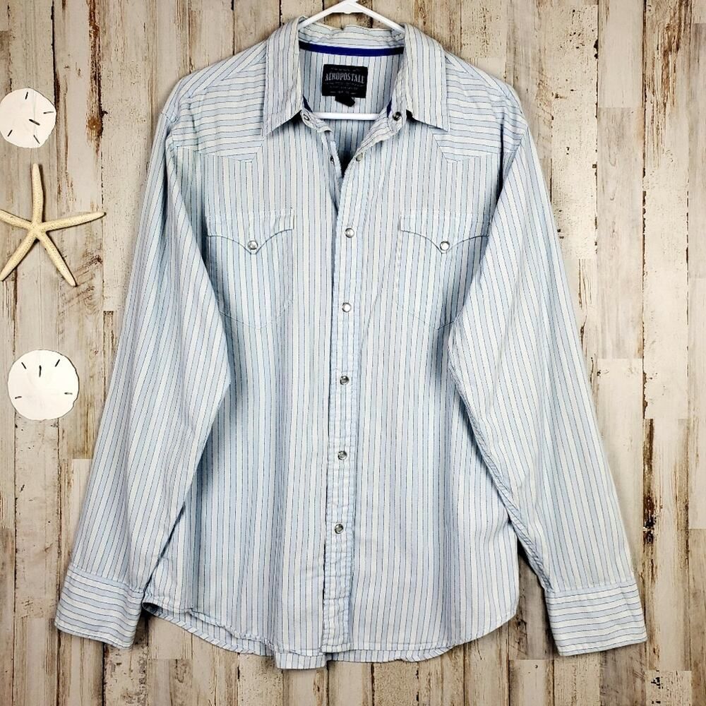 Aeropostale Striped Snap Shirt Blue Size Large